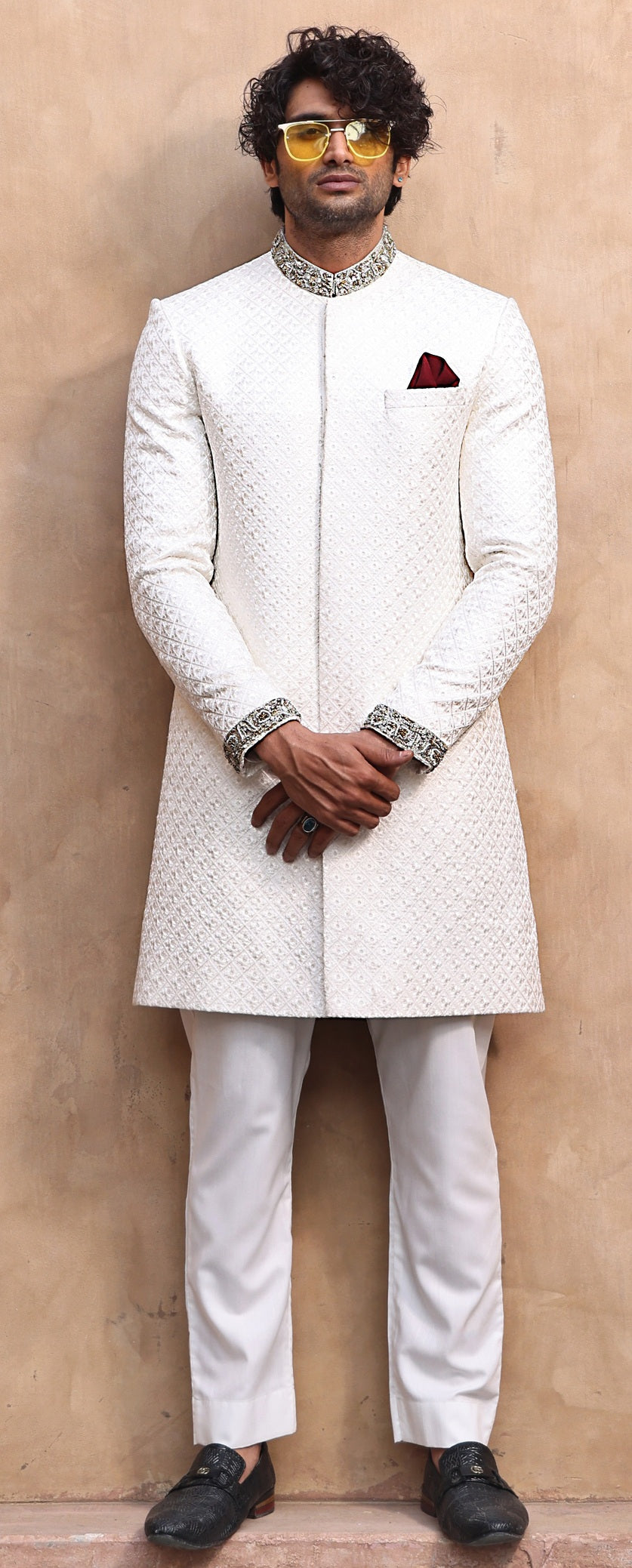 ER SH 104 White Majestic Hand Work Sherwani For Groom