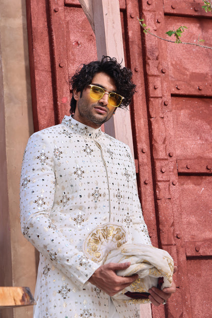 ER SH 103 White Mirror and Hand Work Sherwani For Groom