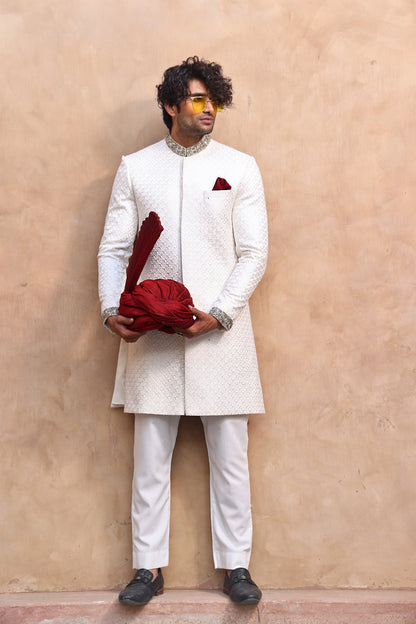 ER SH 104 White Majestic Hand Work Sherwani For Groom