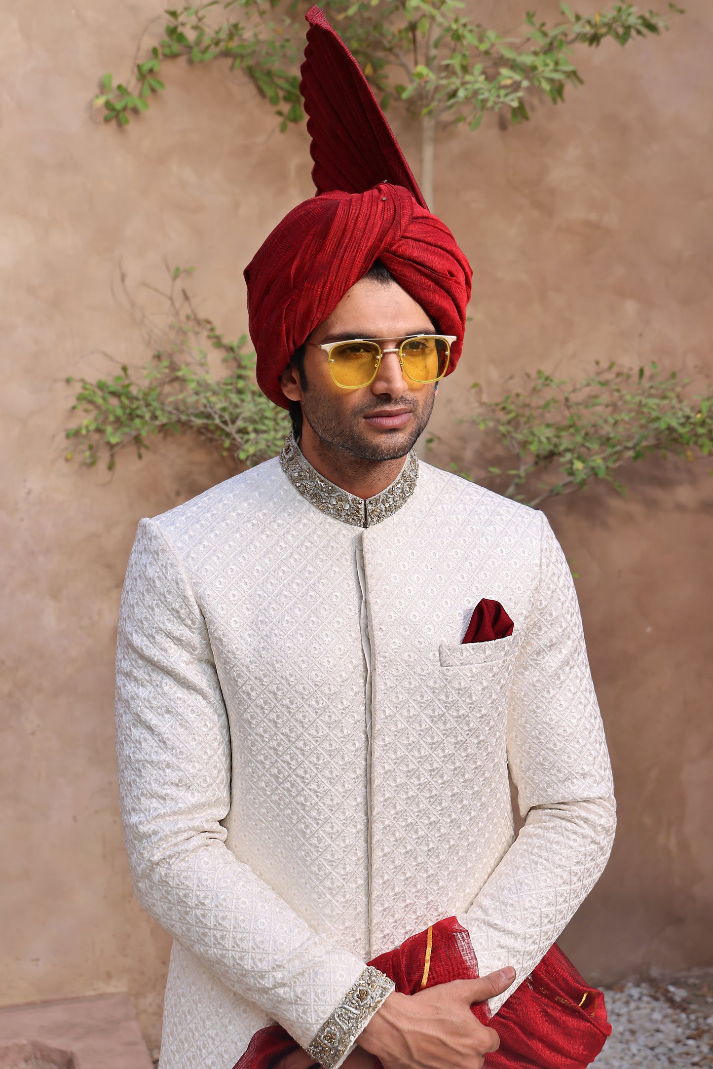 ER SH 104 White Majestic Hand Work Sherwani For Groom