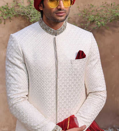 ER SH 104 White Majestic Hand Work Sherwani For Groom