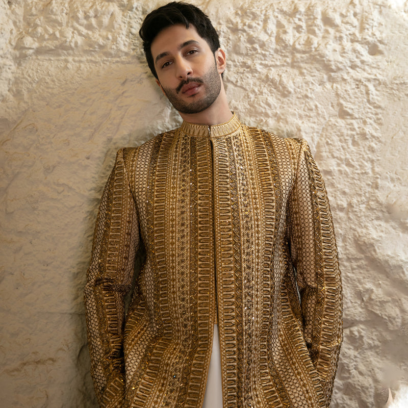 107 Copper Gold Hand Work Sherwani For Groom