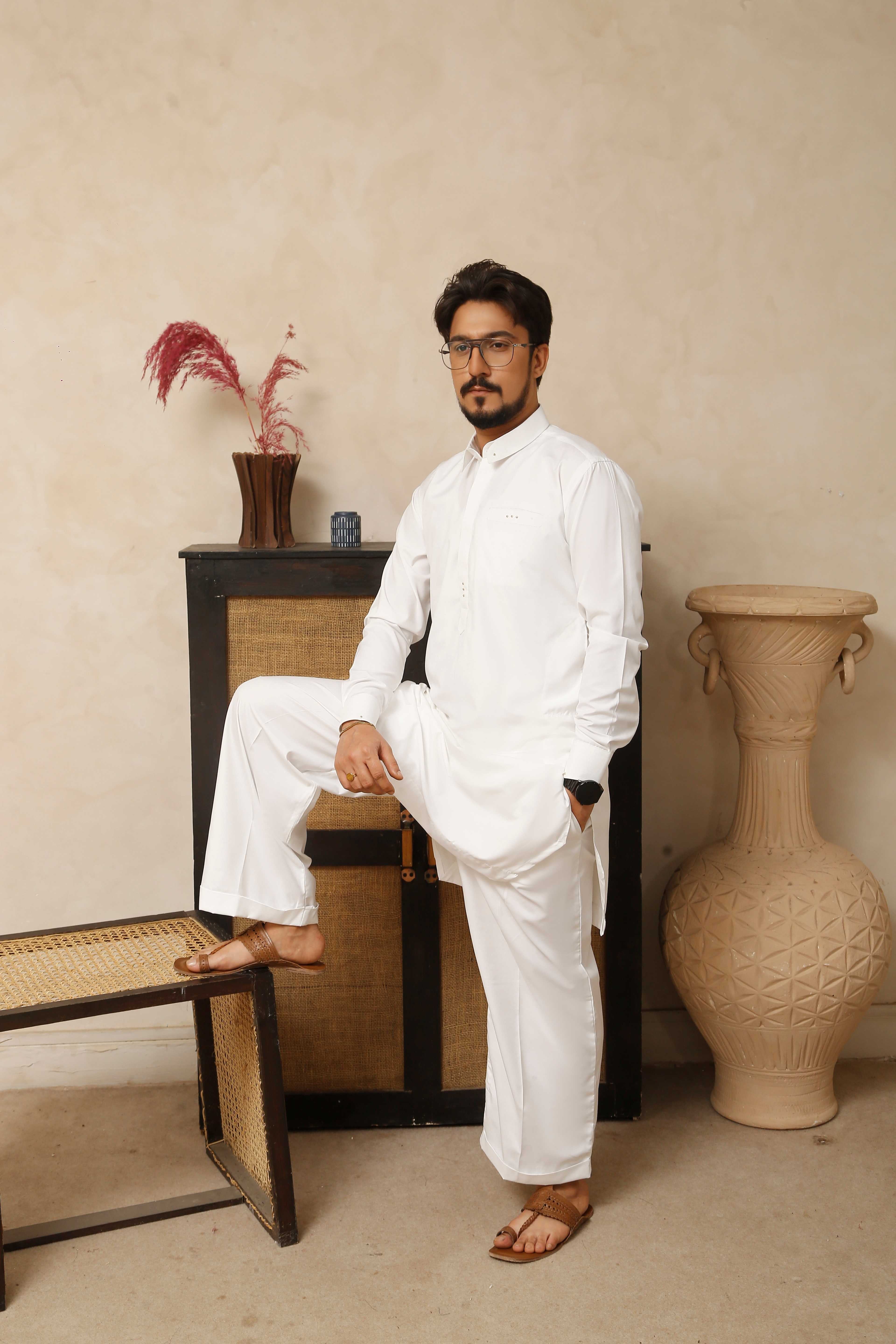 ER 806 Shining White Executive Kameez Farshi Shalwar