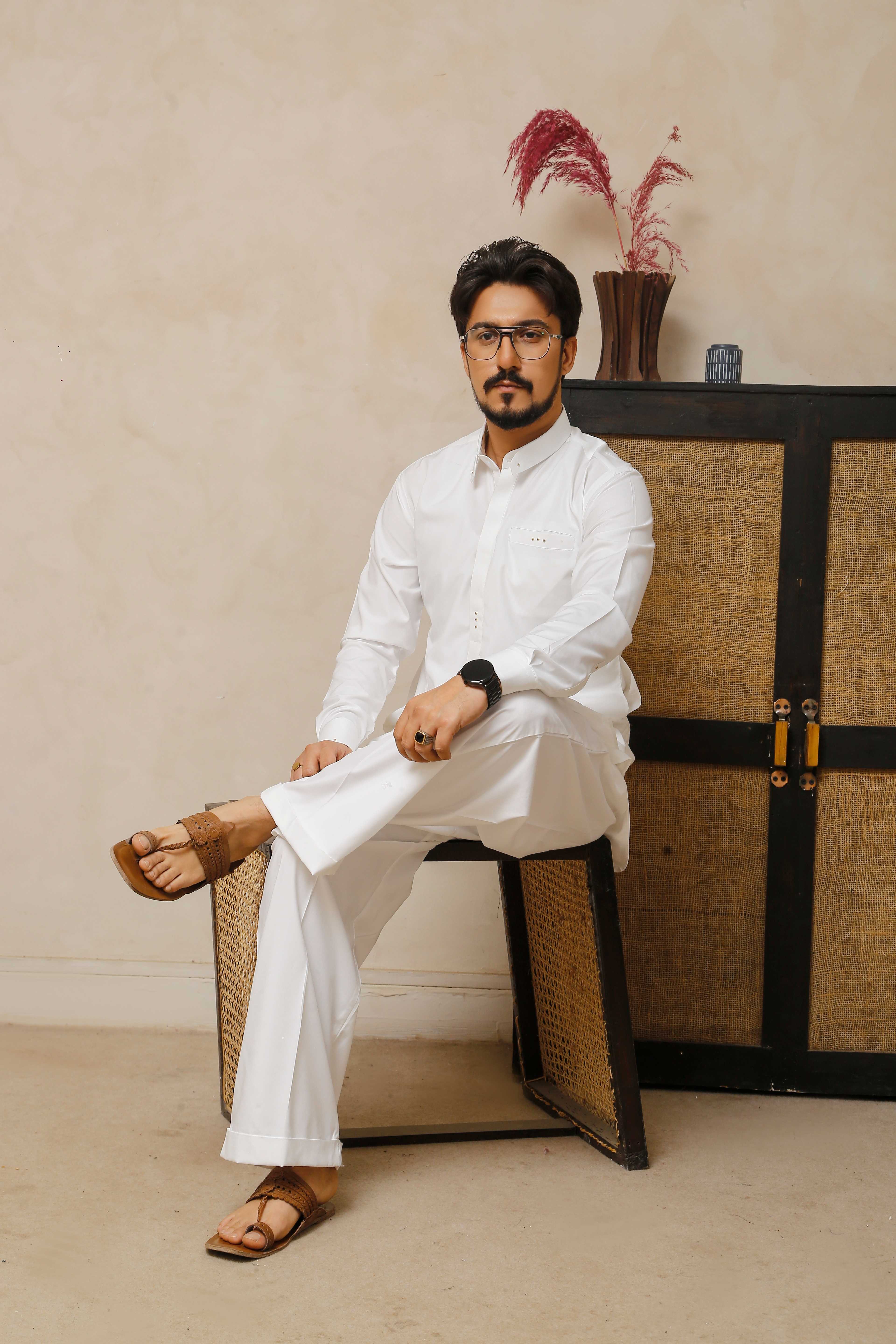 ER 806 Shining White Executive Kameez Farshi Shalwar