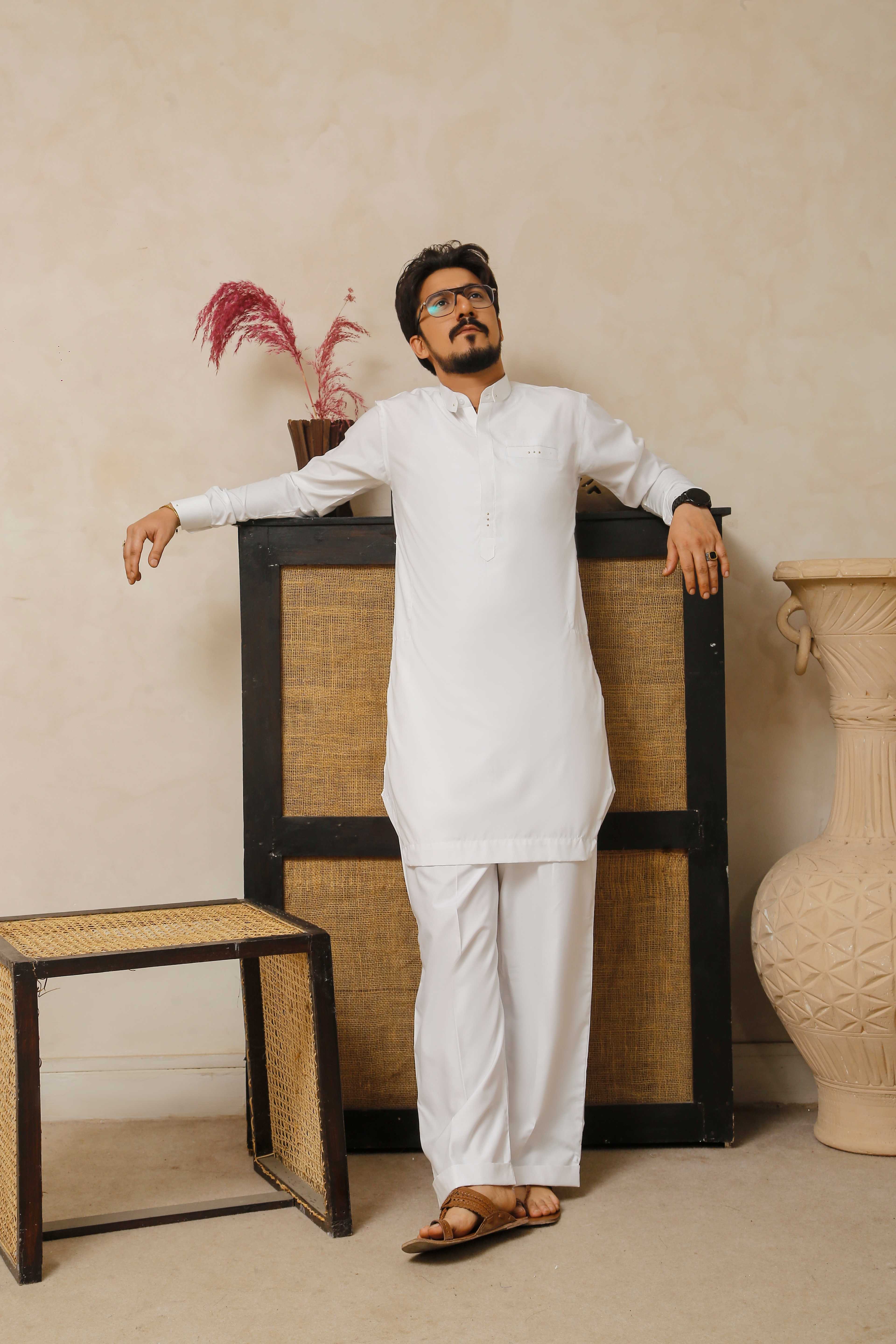 ER 806 Shining White Executive Kameez Farshi Shalwar