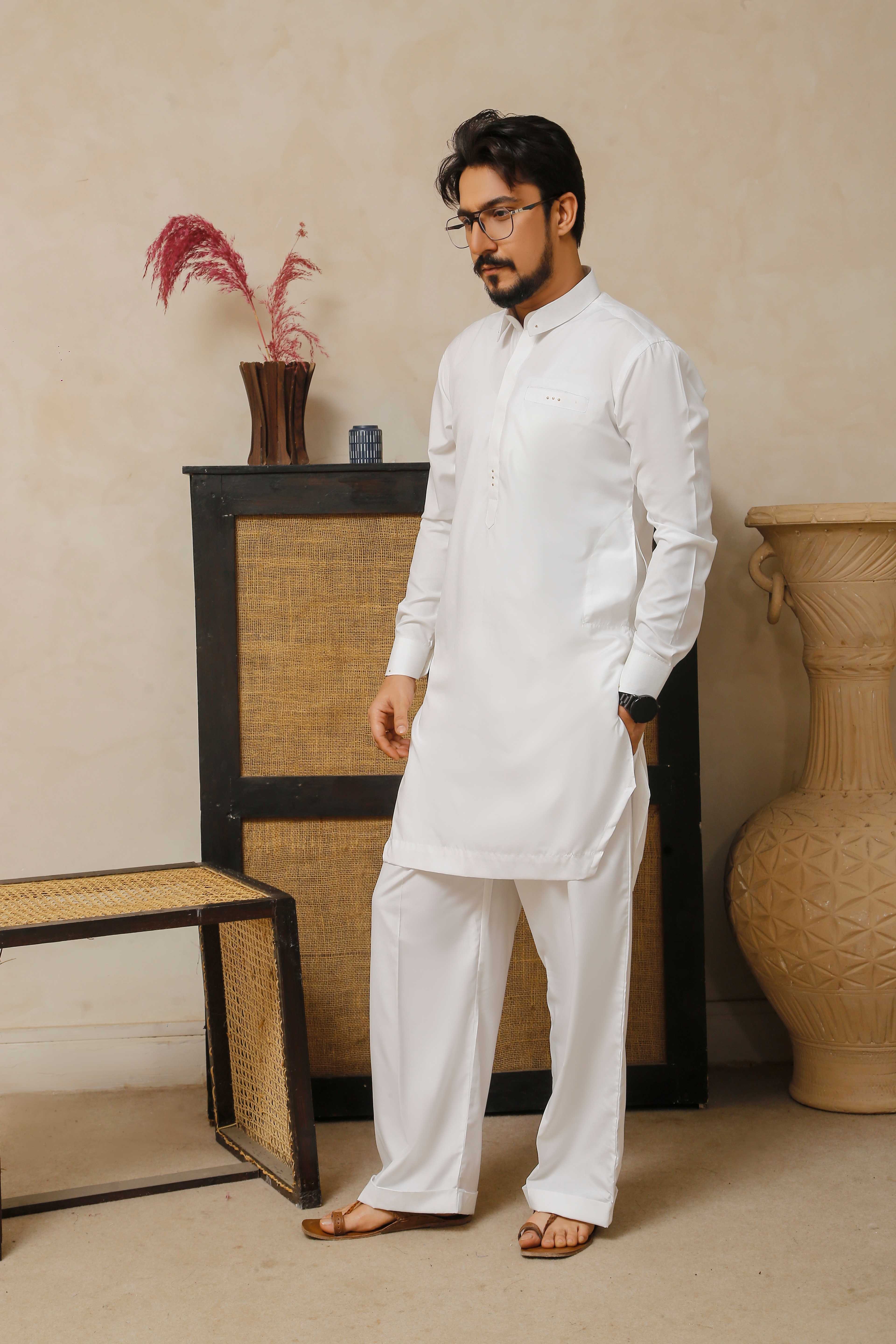 ER 806 Shining White Executive Kameez Farshi Shalwar