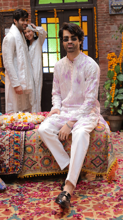 MR 83 Wite And Purple Chanderi Kurta for Groom