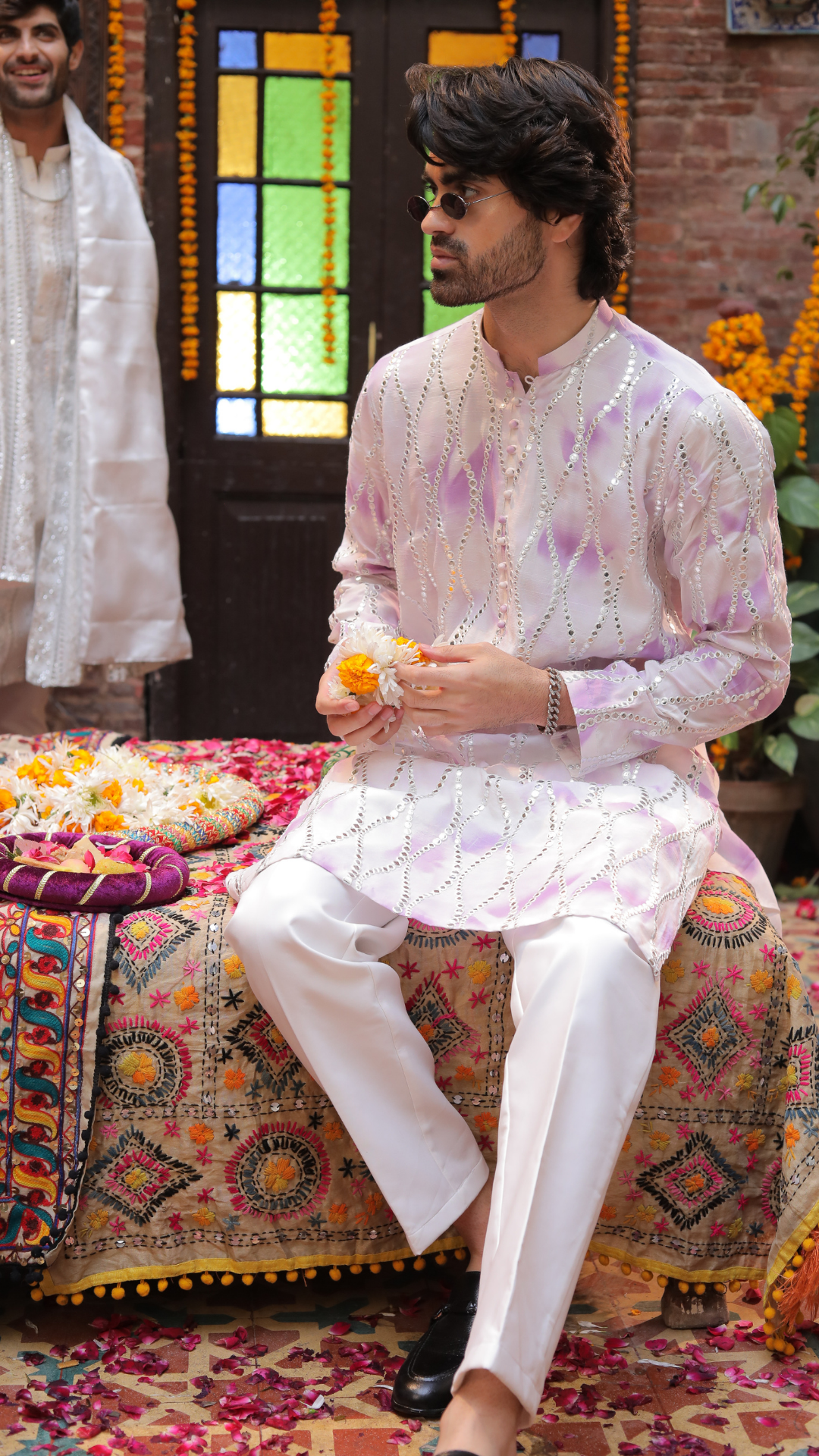 MR 83 Wite And Purple Chanderi Kurta for Groom