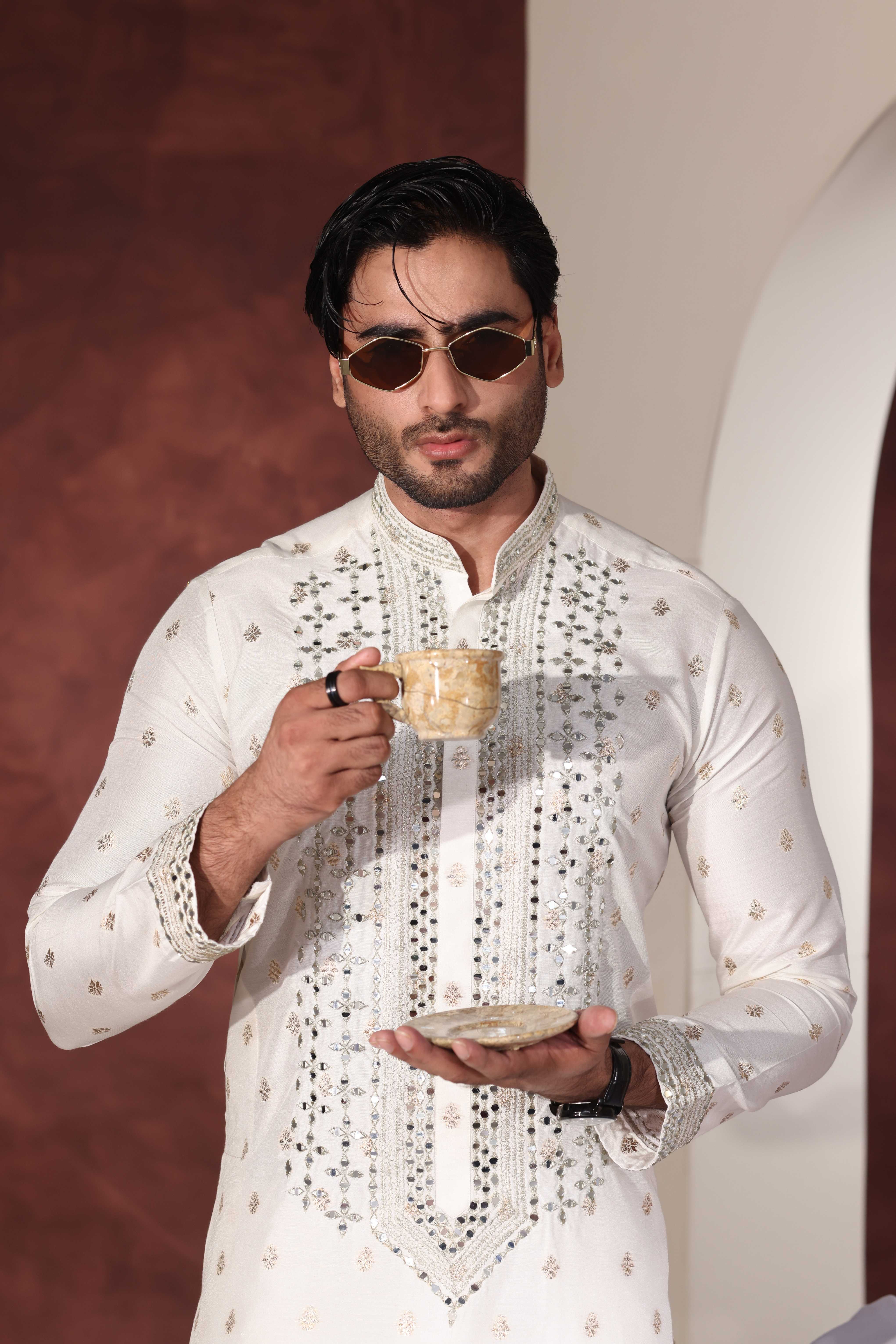 MR 90 White Mirror Work Kurta