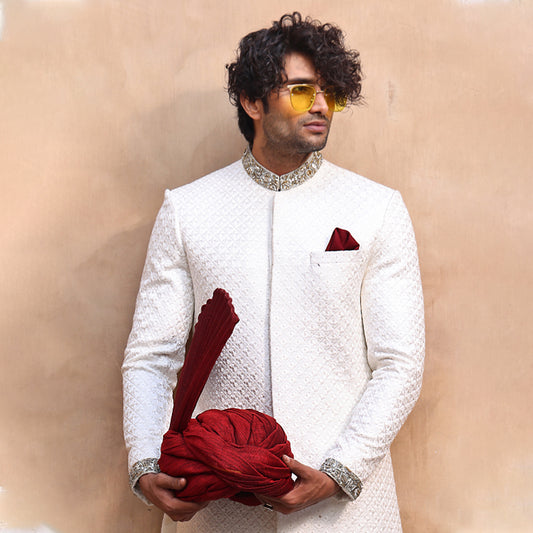 ER SH 104 White Majestic Hand Work Sherwani For Groom