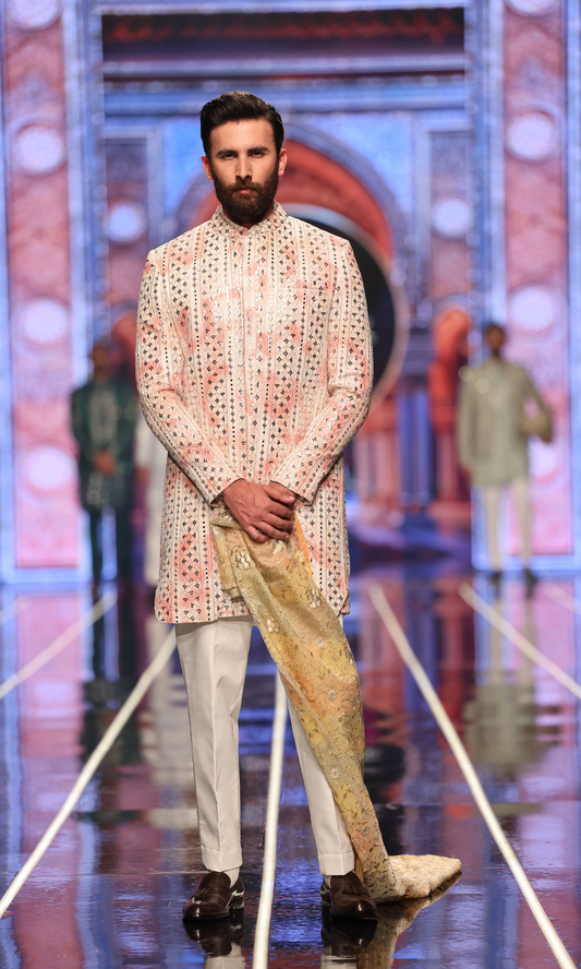 BCW 54 Pastel Opal Pink Ombre Short Sherwani With Inner Long Coat For Men