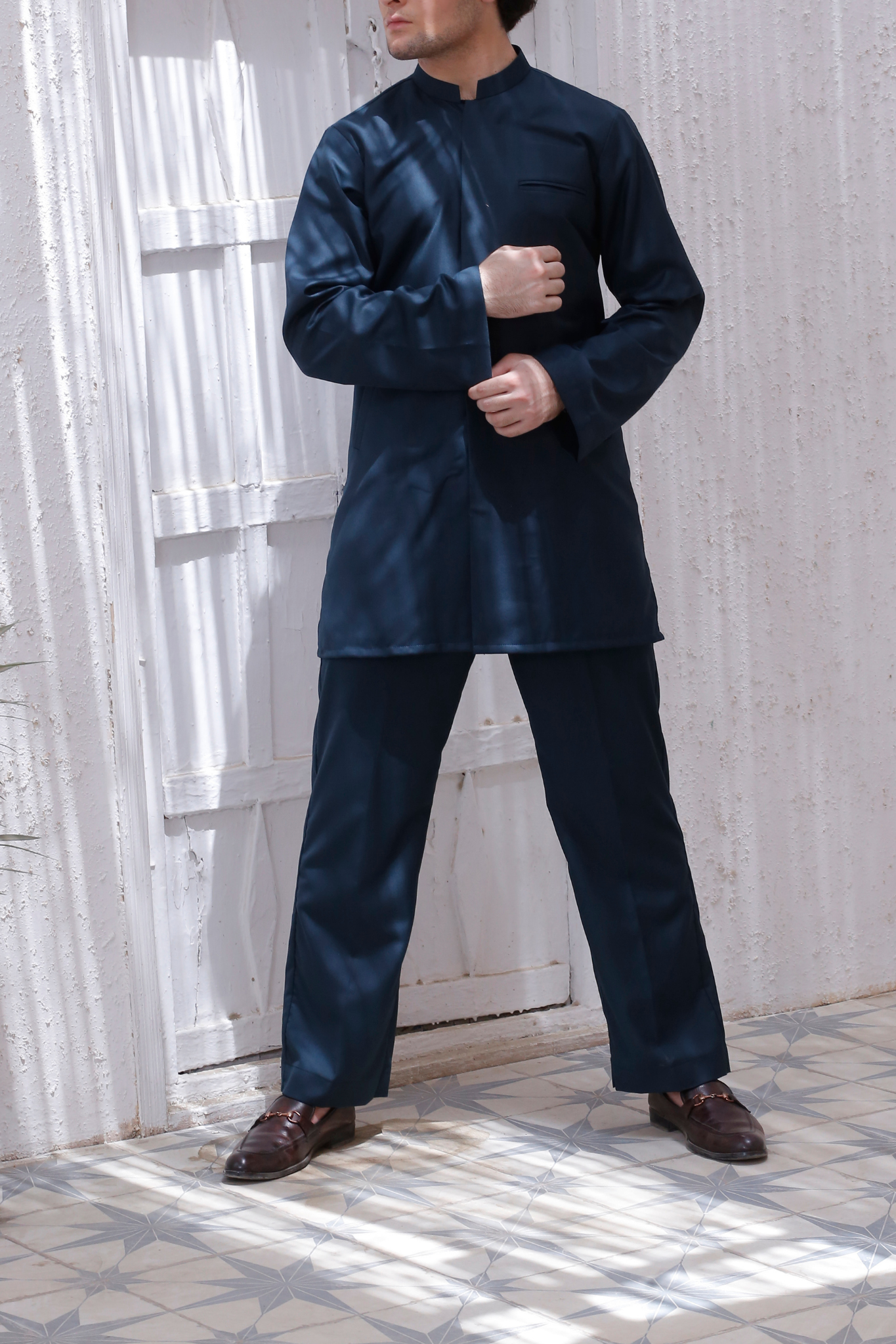 Dark Blue 2-Piece Coord Set – Front-Open Short Kurta &amp; Adjustable Pants
