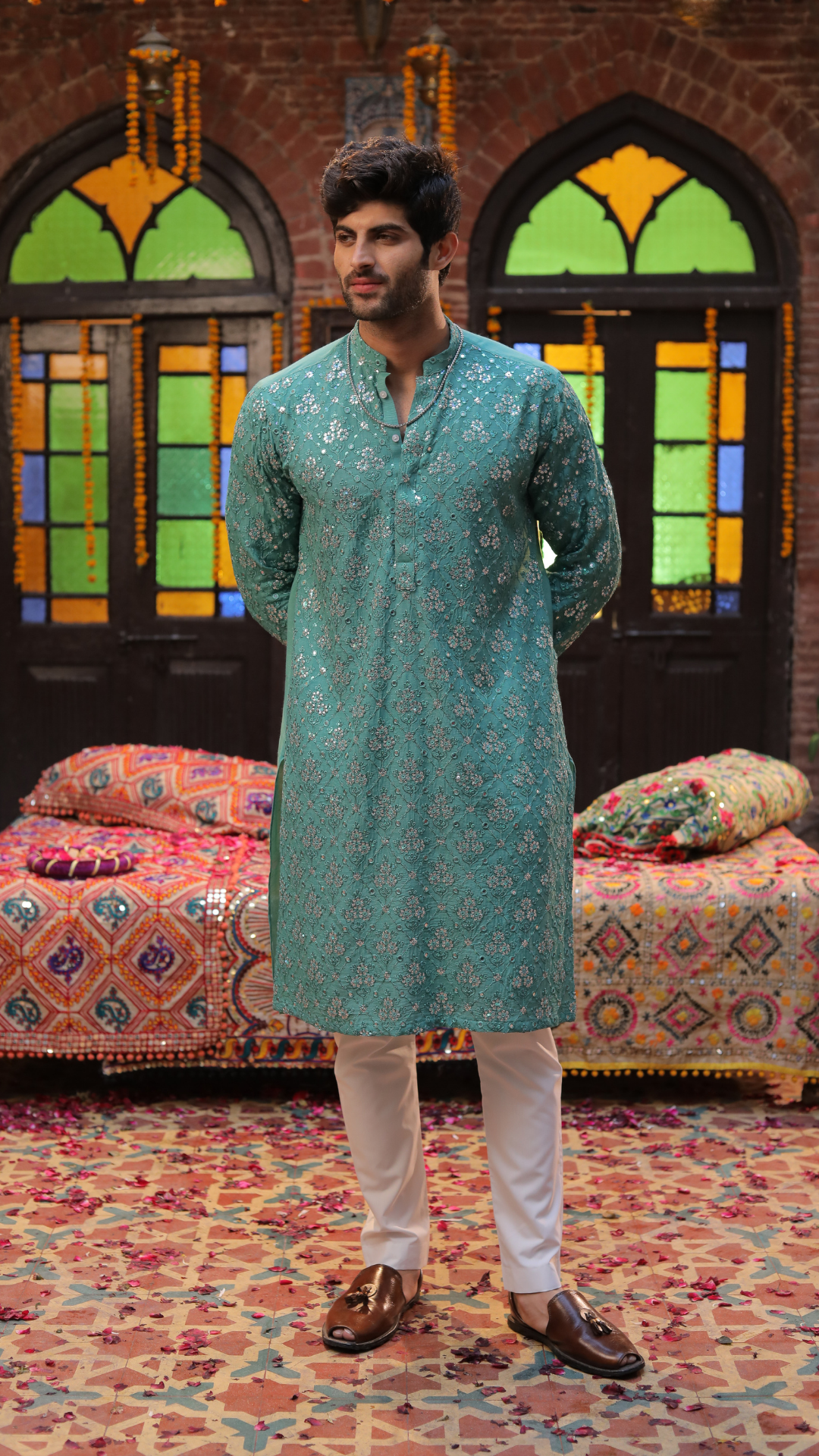 MR 80 Sea Green Chanderi Kurta For Groom