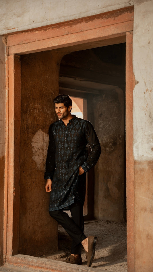 ER 666 Black & Navy Desging Kurta For Men