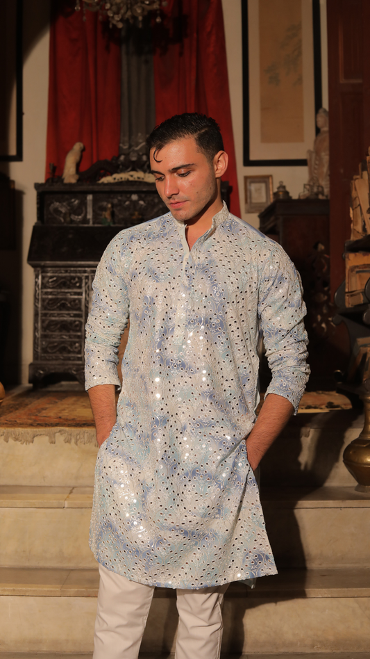 MR 77 White And Blue Chanderi Kurta