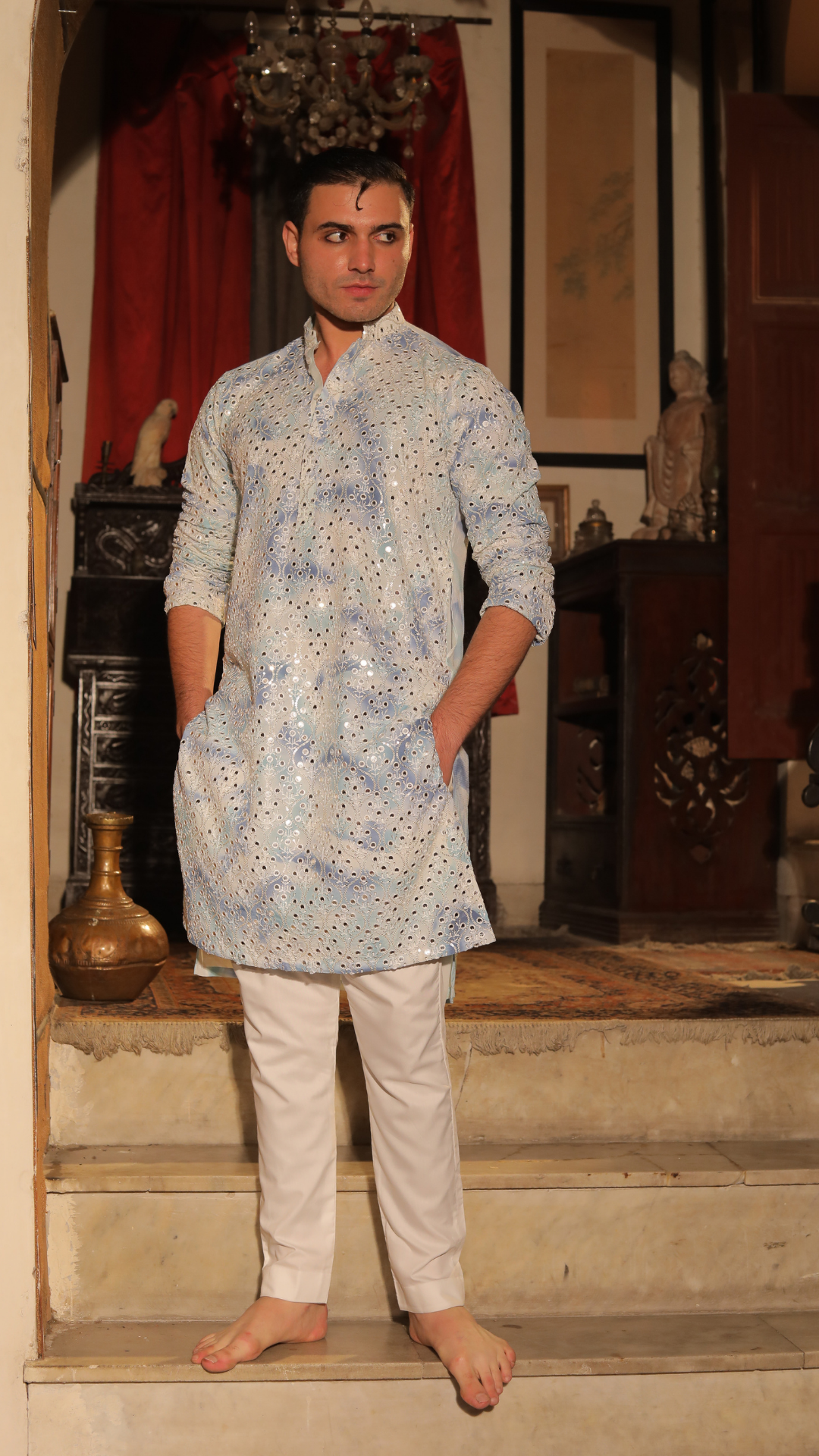 MR 77 White And Blue Chanderi Kurta