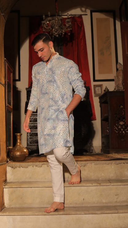 MR 77 White And Blue Chanderi Kurta