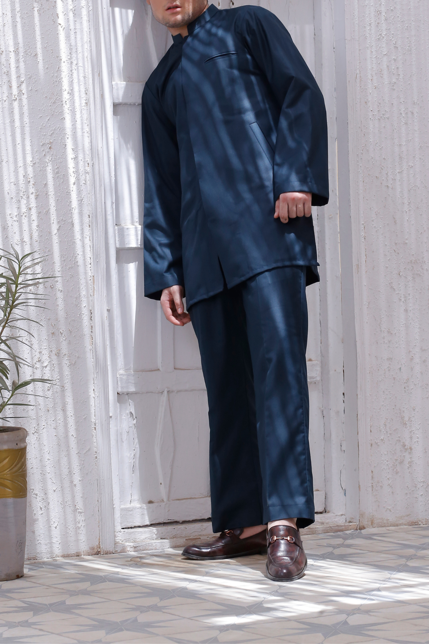 Dark Blue 2-Piece Coord Set – Front-Open Short Kurta &amp; Adjustable Pants