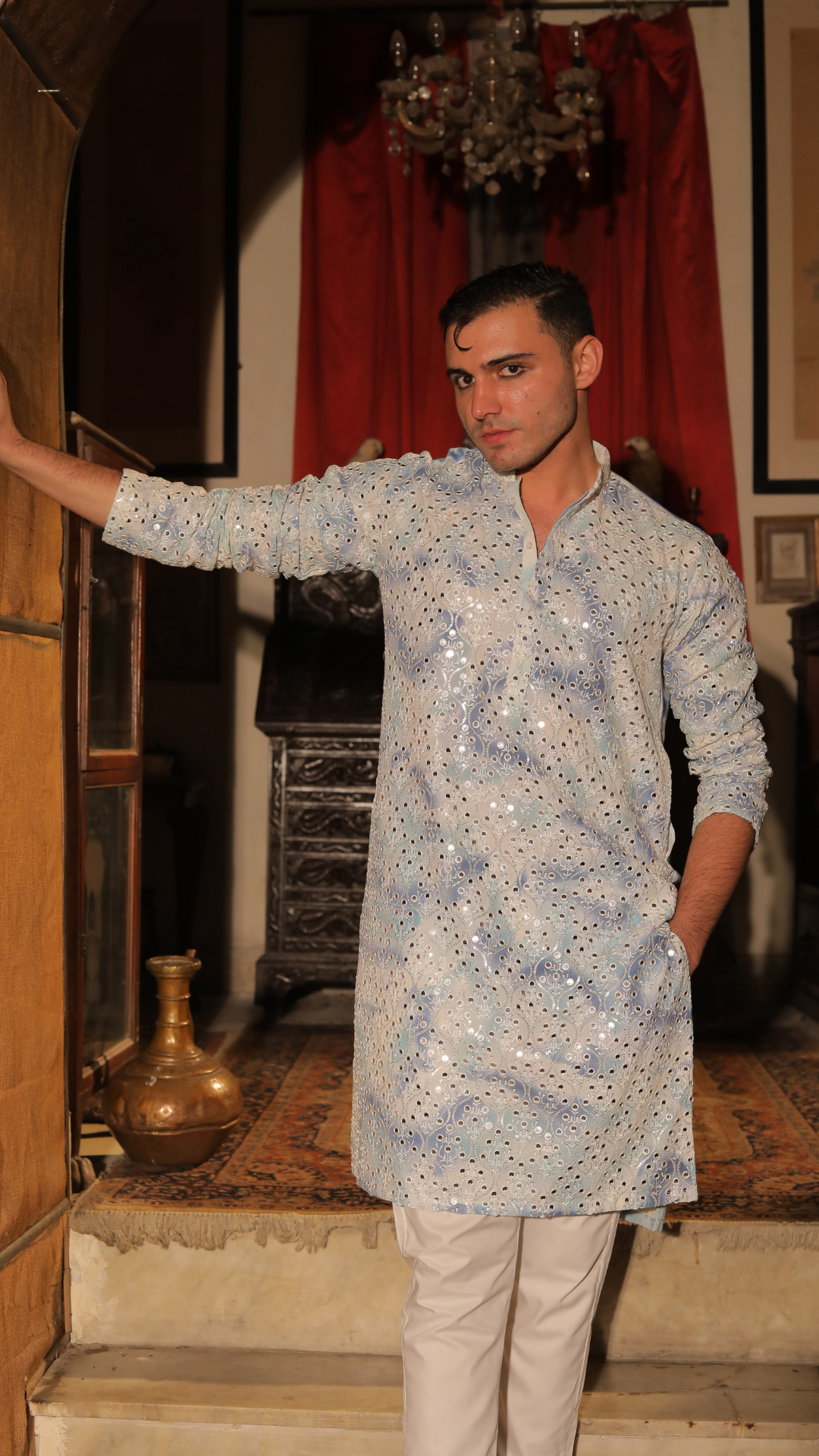 MR 77 White And Blue Chanderi Kurta