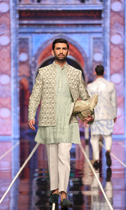 BCW 51 Pastel Green Prince coat Zardozi Work Front Open For Men