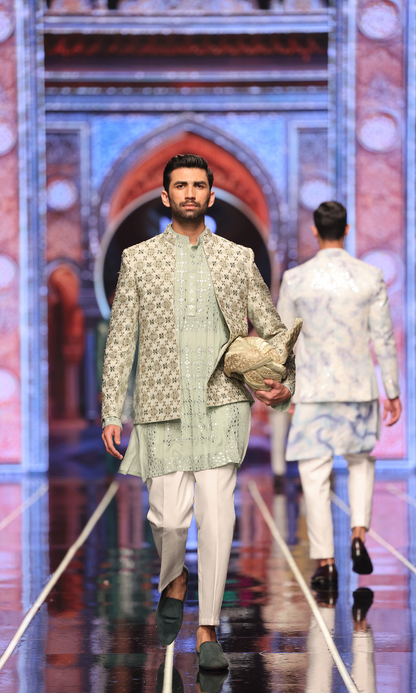 BCW 51 Pastel Green Prince coat Zardozi Work Front Open For Men