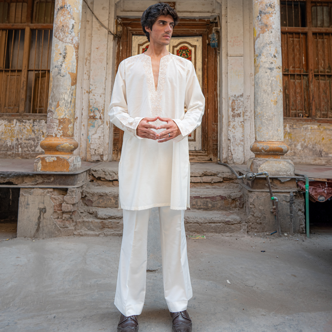 CK 755 White Short Embroidered Kurta With Bell Bottom