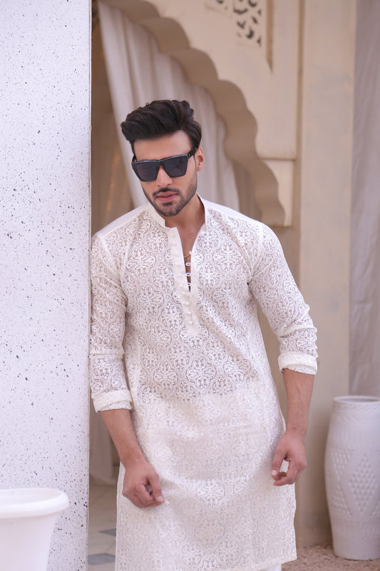 ER MR 40 White Chicken Kari See Through Fabric Kurta Pajama Mirror Work For Men