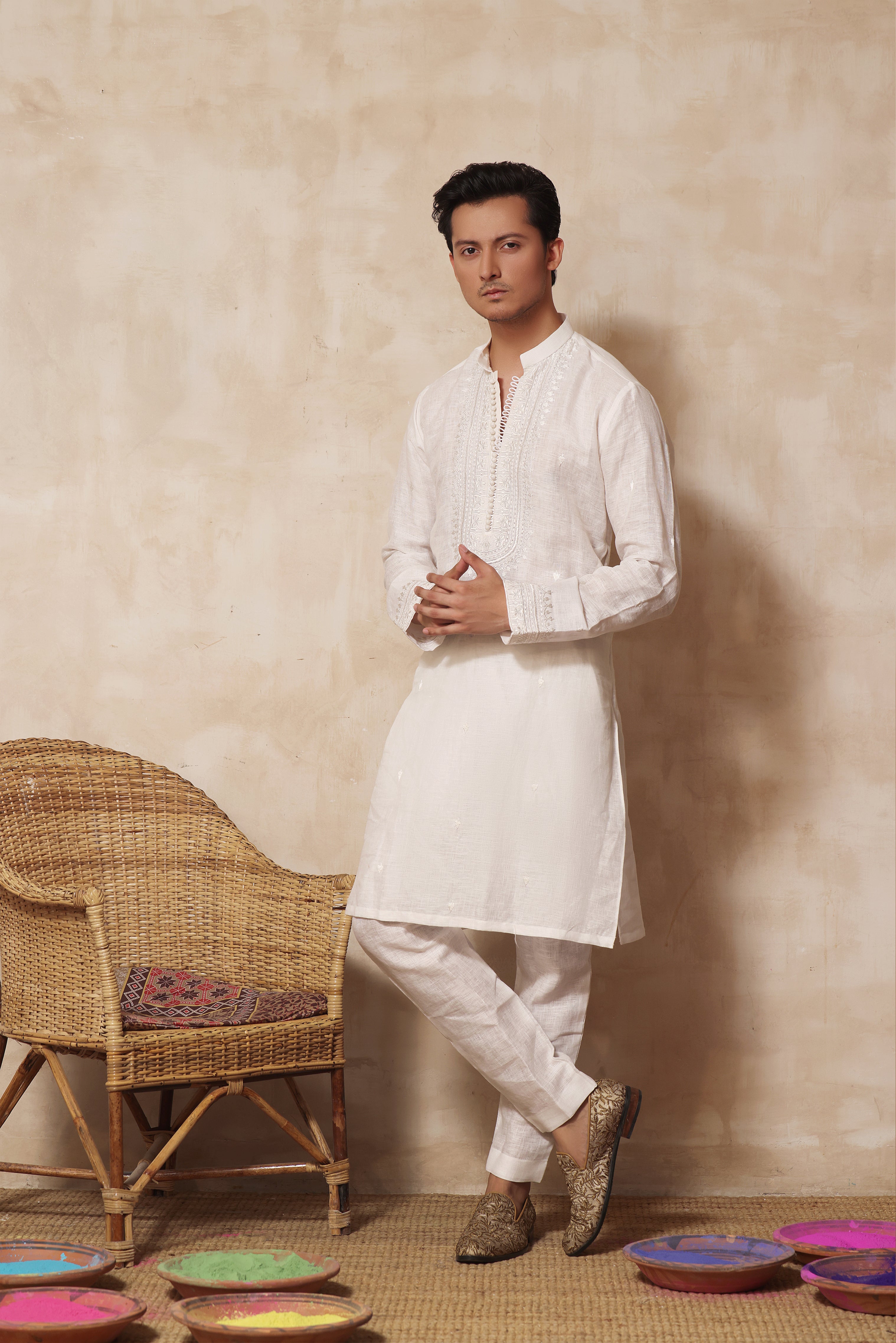 ER KH 656 Off White cotton Irish kurta and pajama set, with heavily embroidered placket and embroidered band collar