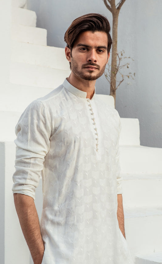 CK 723 White Chicken Kari Kurta Pajama For Men