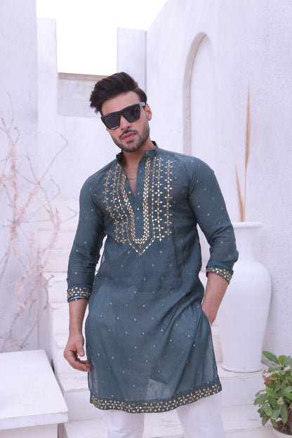 ER MR 38 Green Mirror Work Self Cotton Silk Fabric Kurta Pajama Mirror Work For Men