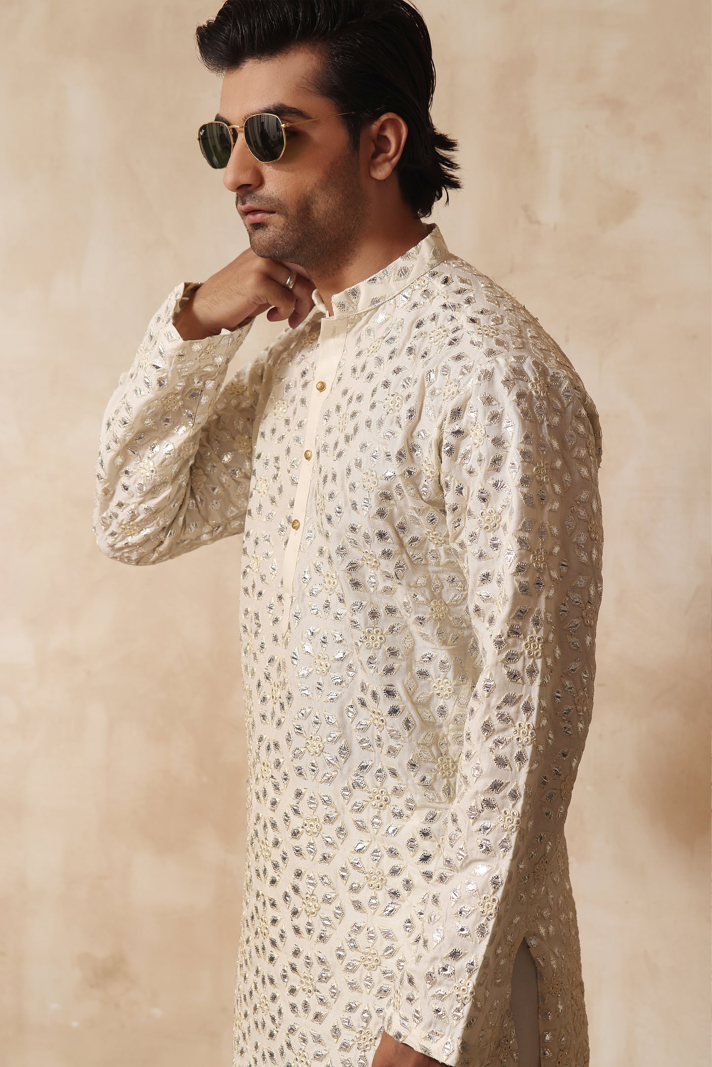 ER KH 657 Off White Cotton Silk Resham and Mirror Embroidery Kurta pajama For Men