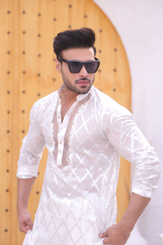 ER MR 42 White Cutt Work Self Cotton Silk Fabric Kurta Pajama Mirror Work For Men