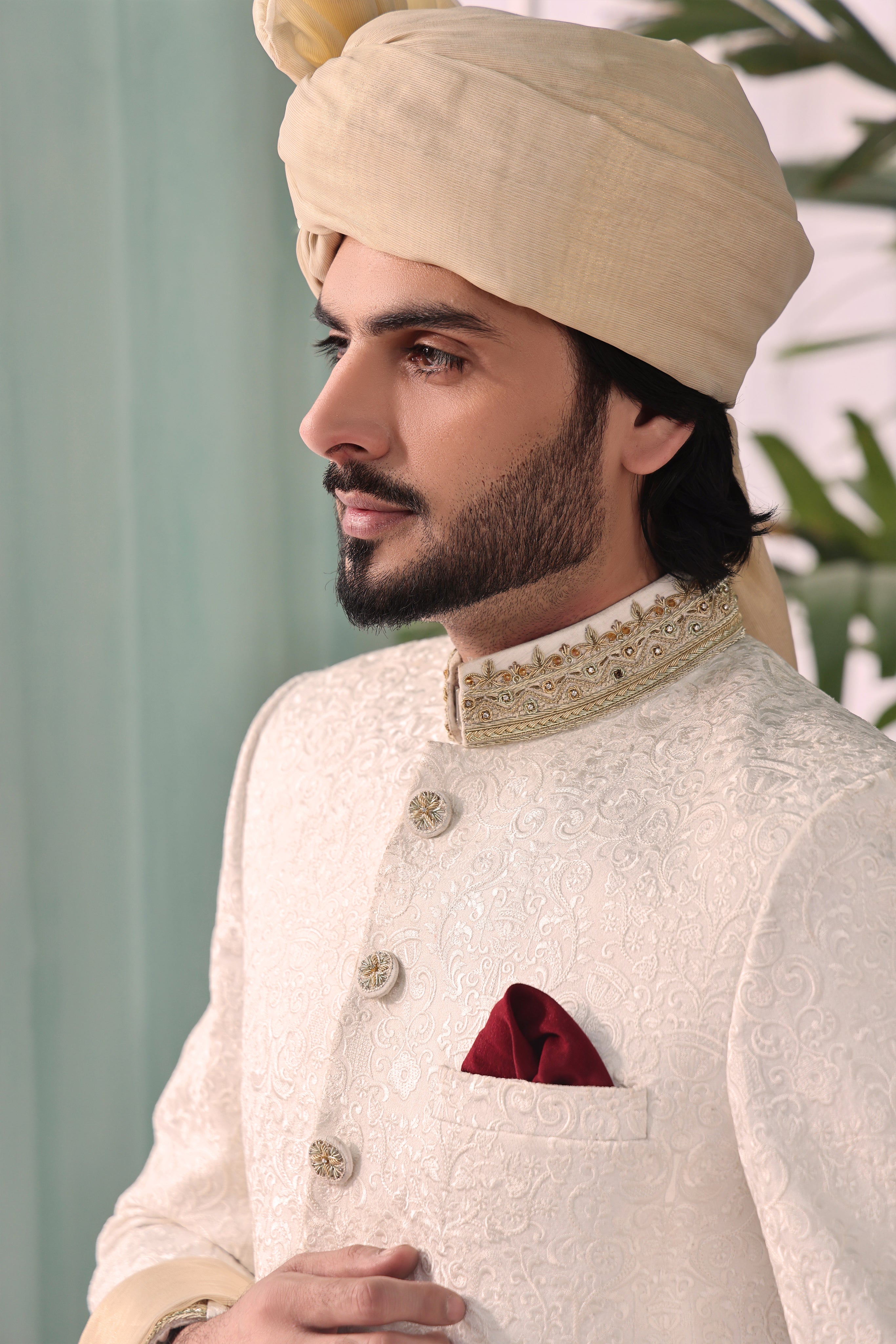 ER SH 106 White Vegenza Hand Work Sherwani For Groom