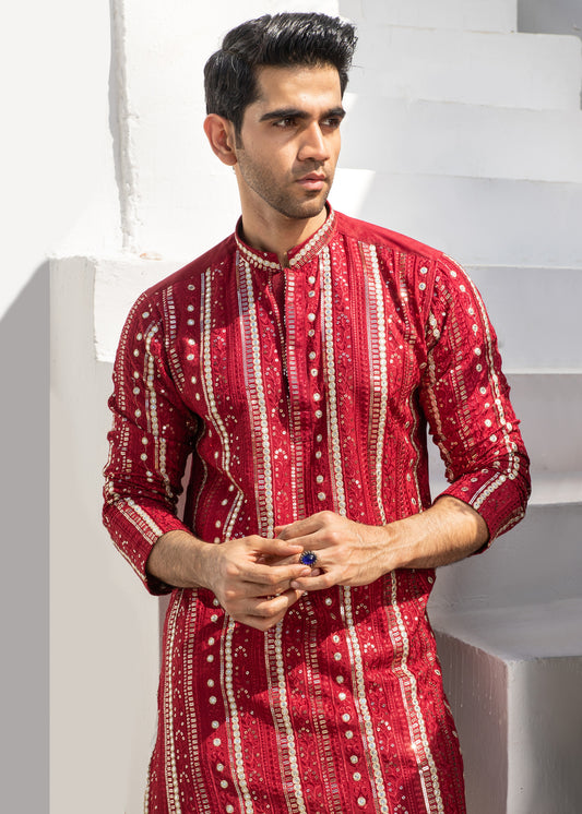 MR 53 Red Chanderi Kurta Pajama