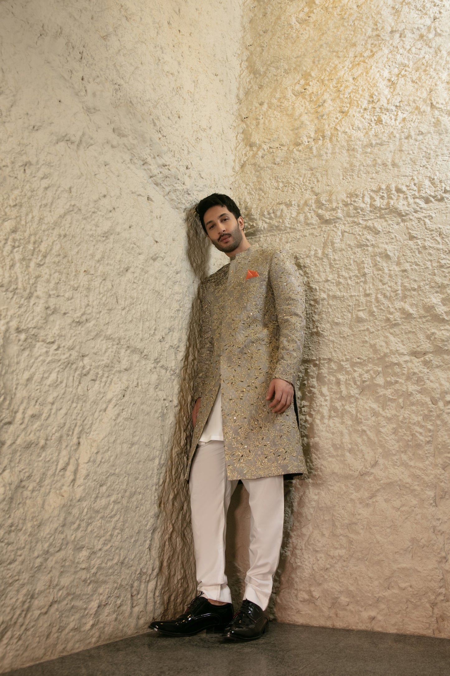 ER SH 108 Grey Gold Hand Work Sherwani For Groom