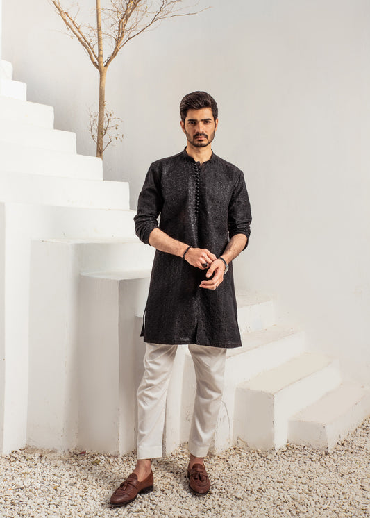 CK 719 Black ChickanKari Kurta Pajama For Men