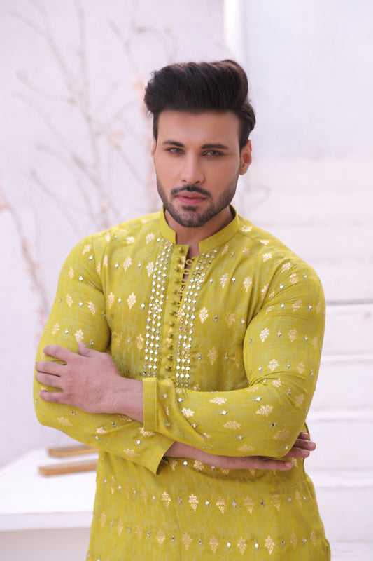 ER MR 44  FLouroscent Self Cotton Silk Fabric Kurta Pajama Mirror Work For Men