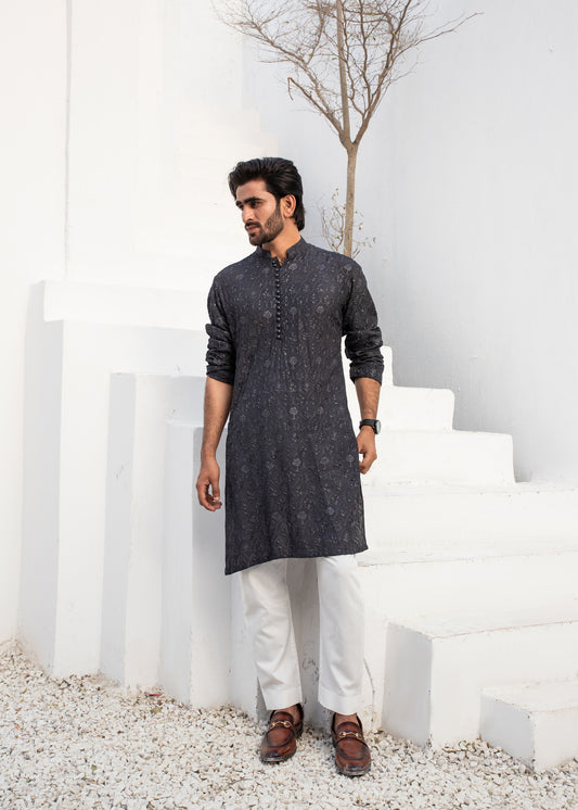 CK 721 Grey ChickanKari Kurta Pajama For Men