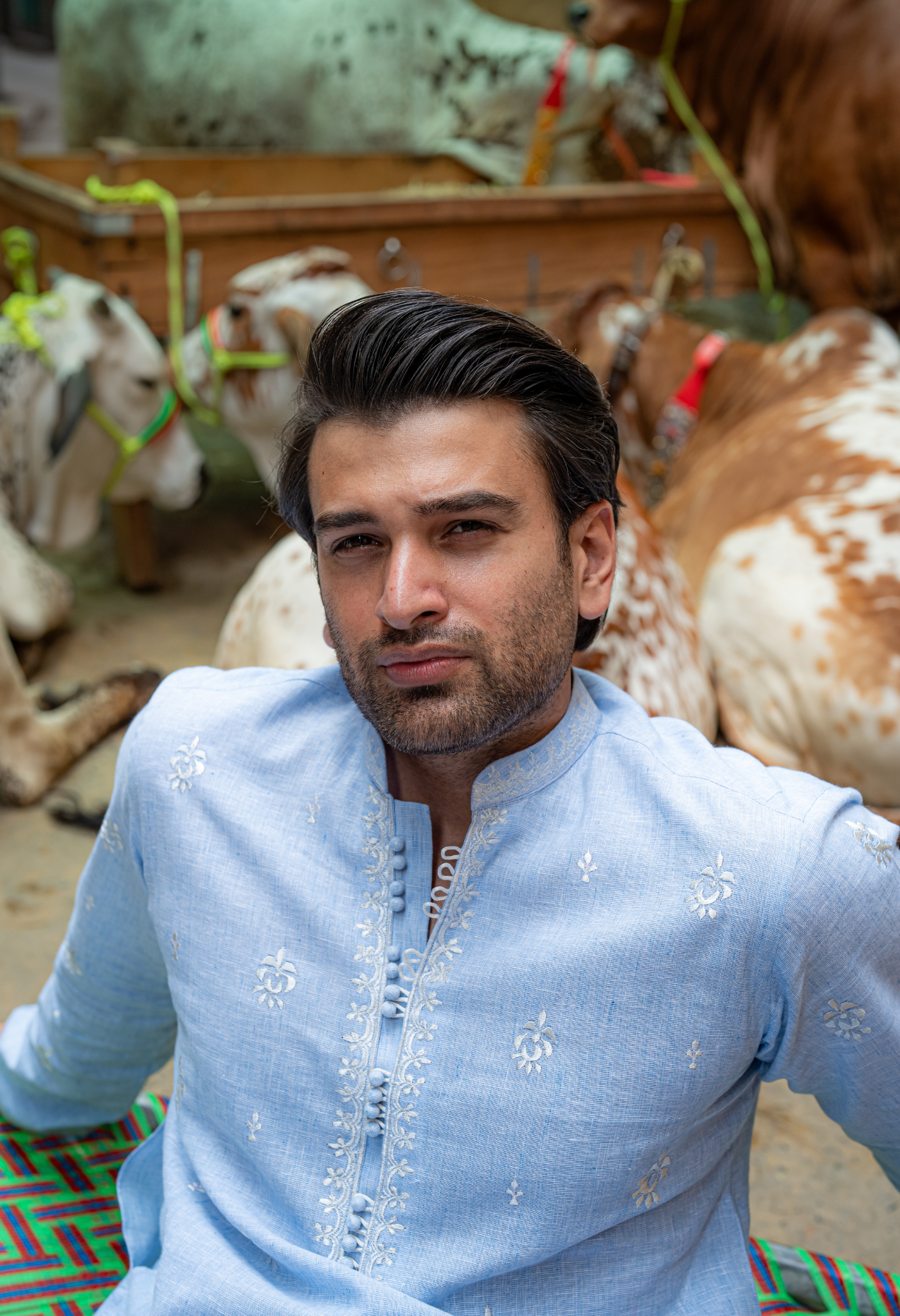 CK 751 Sky Blue Short Embroidered Kurta With Farshi Shalwar