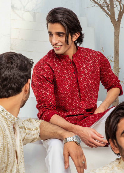 CK 729 Red Chanderi Kurta Pajama