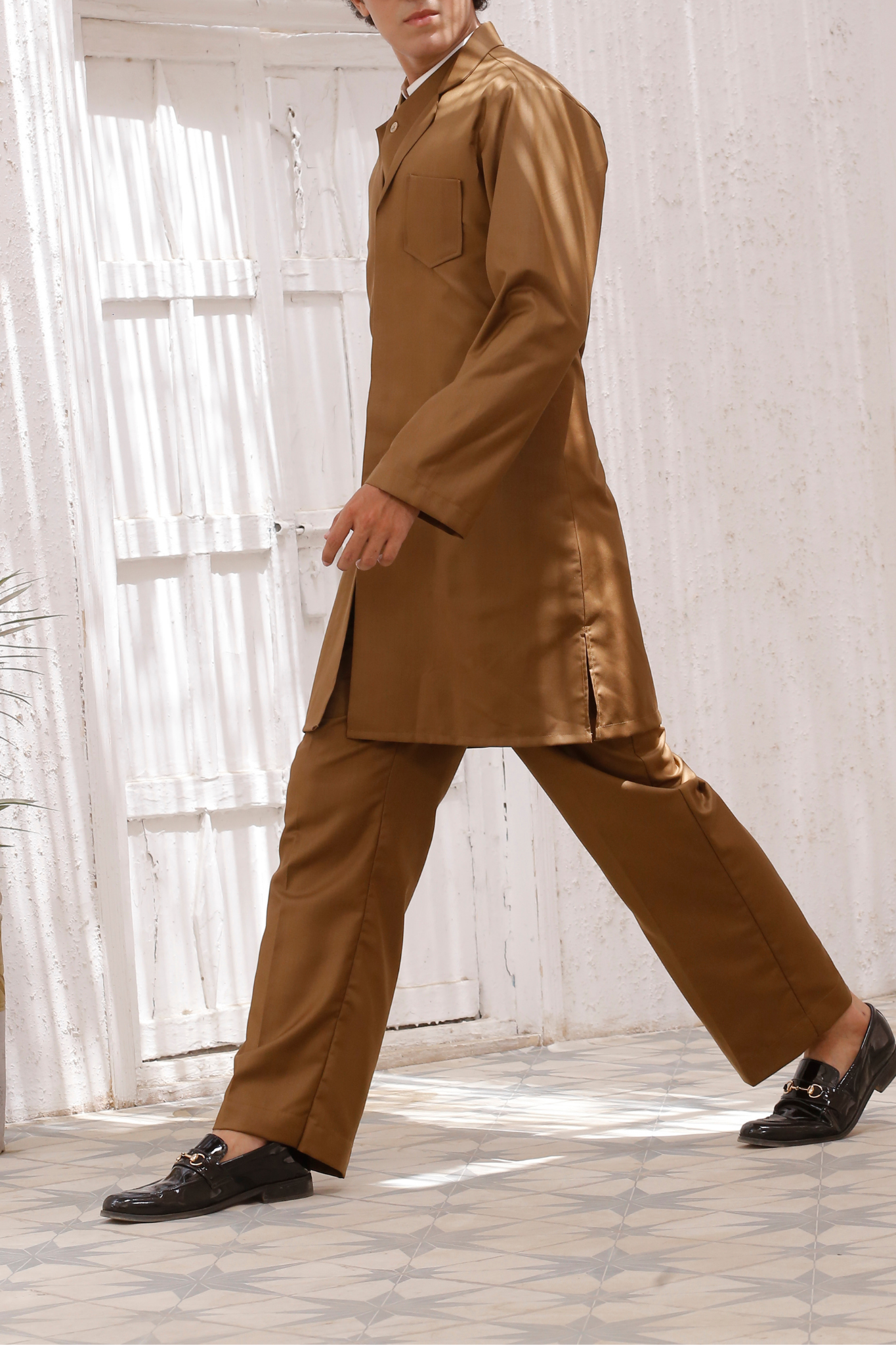 Tan 3-Piece Coord Set – Adjustable Pants, Waistcoat & Front-Open Short Kurta