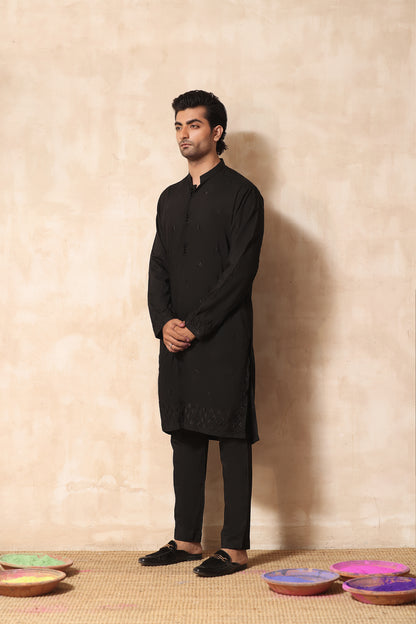 ER KH 660 Black Self Embroidery Resham Work Blended Fabric Kurta Pajama FOr Men