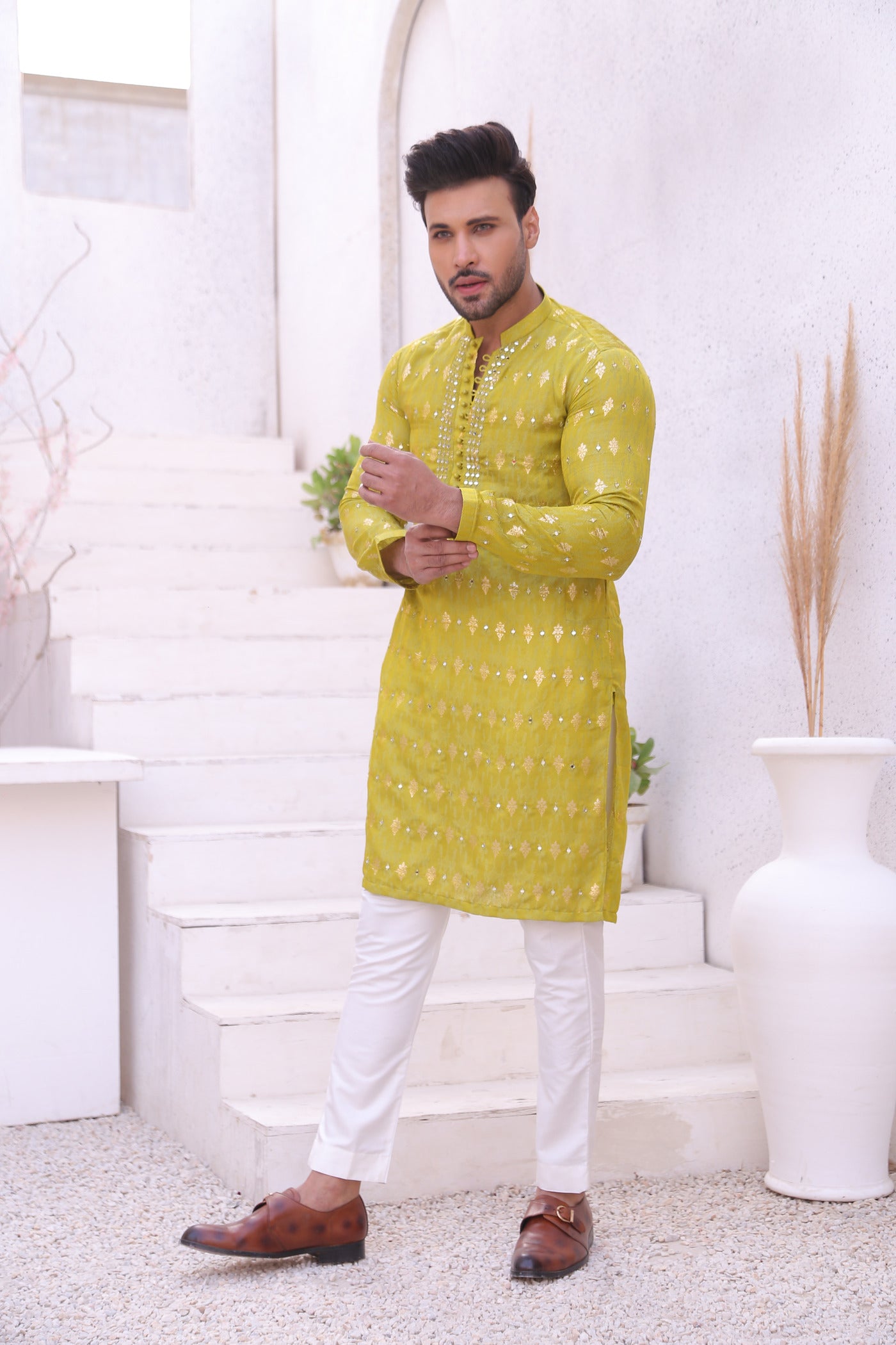 ER MR 44  FLouroscent Self Cotton Silk Fabric Kurta Pajama Mirror Work For Men