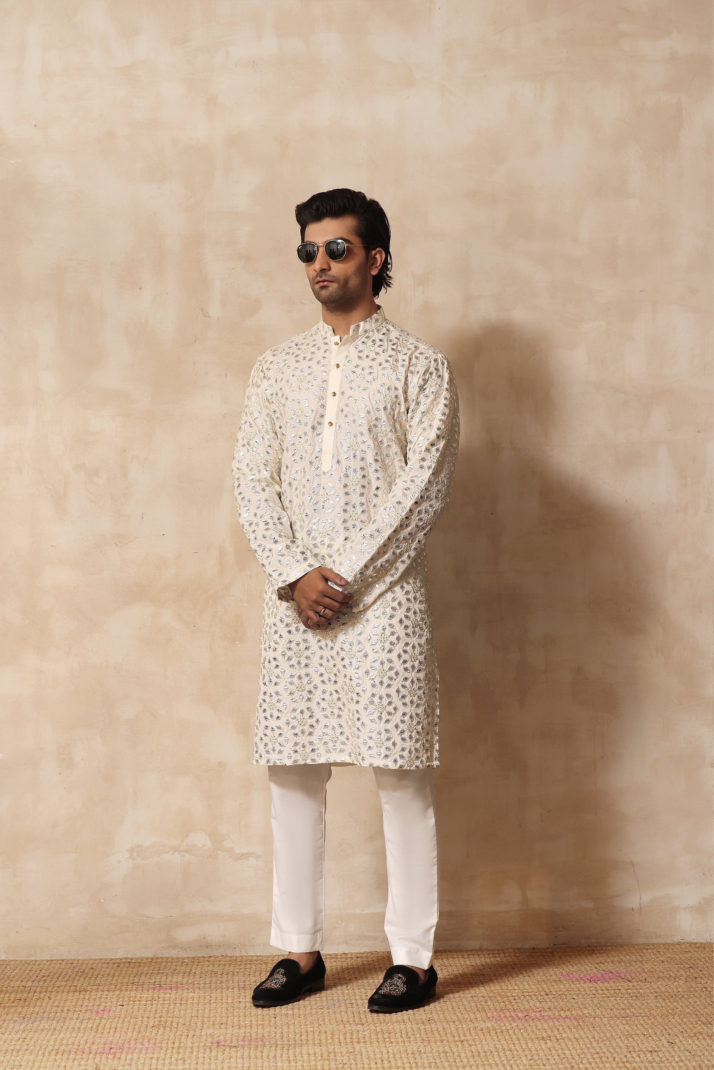 ER KH 657 Off White Cotton Silk Resham and Mirror Embroidery Kurta pajama For Men