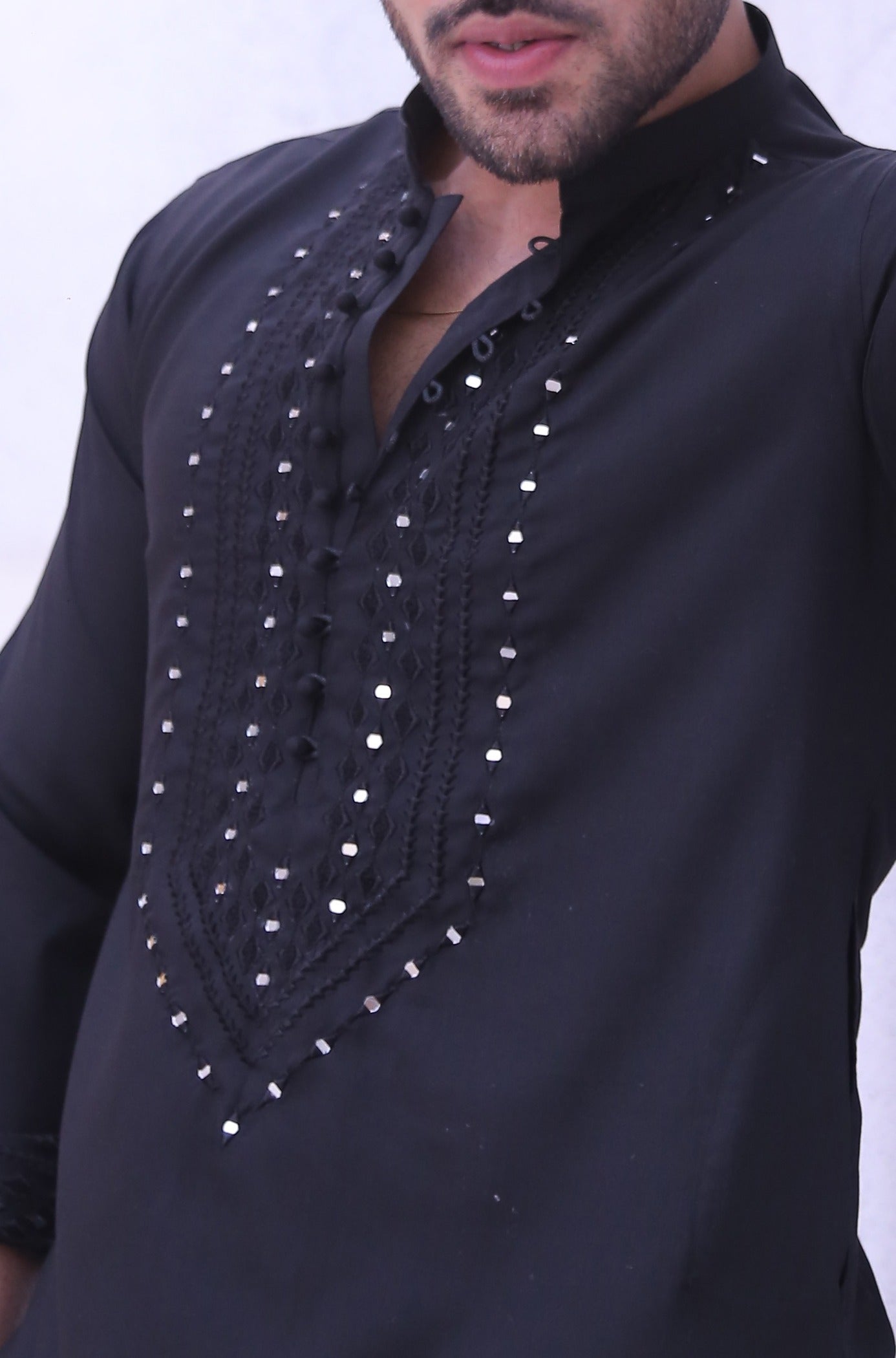 ER MR 43 Black Mirror Work PV Fabric Kurta Pajama Mirror Work For Men