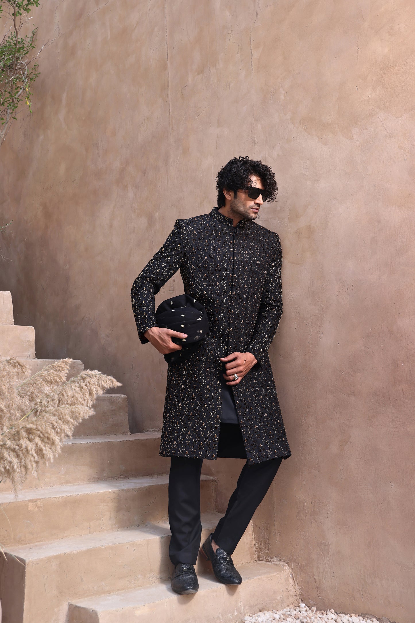 ER SH 101 Black Hand Work Sherwani For Groom