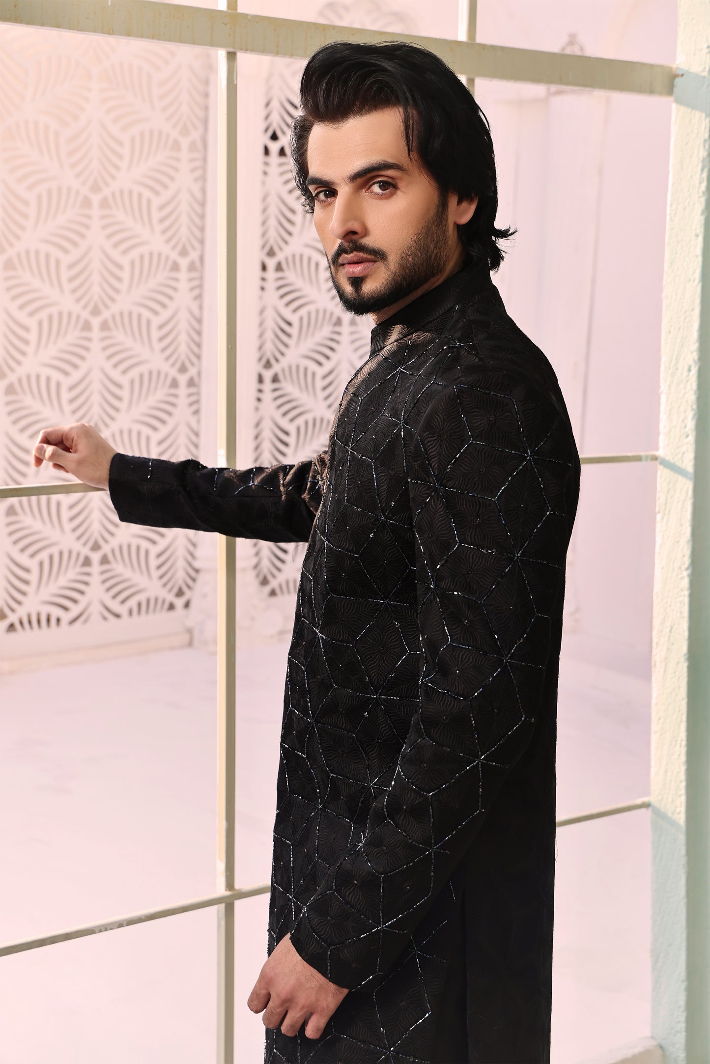 ER SH 105 Black Hand Work Sherwani For Groom