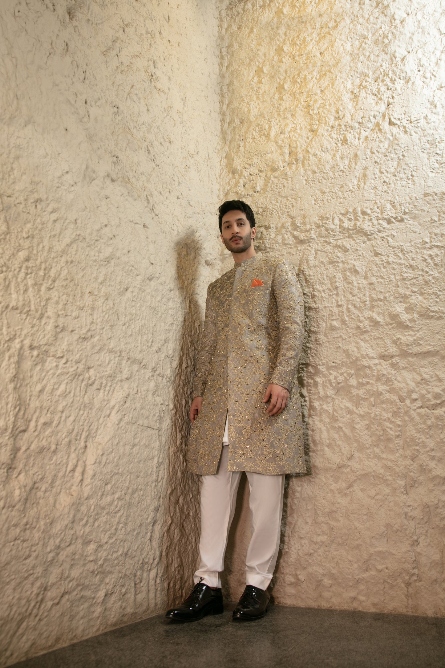 ER SH 108 Grey Gold Hand Work Sherwani For Groom