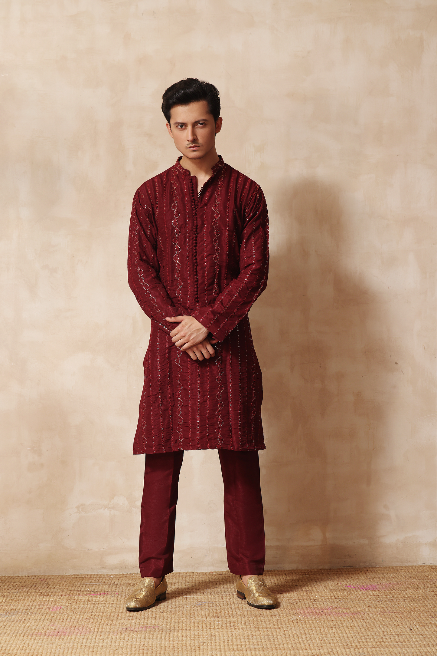 ER KH 655 Maroon Traditional Chikankari Mens kurta With Sequence work