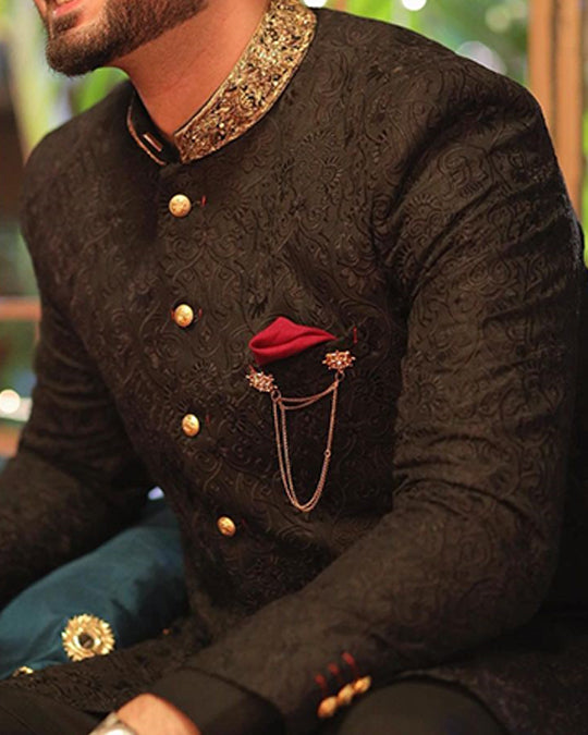 ER SH 112 Black Hand Work Sherwani For Groom